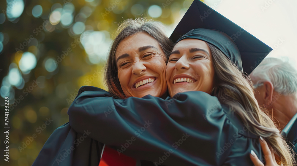 Canvas Prints Happy young caucasian woman with her mother on graduation day. Smiling female student embraces her mom after graduation ceremony. Young woman in graduation gown and cap hugging her parents