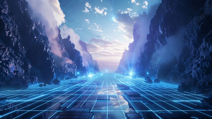 Surreal cybernetic scene with towering mountains and a luminous blue grid symbolizing advanced digital topology - obrazy, fototapety, plakaty
