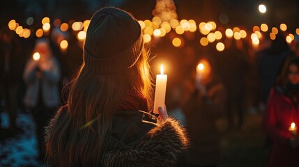 Candlelight vigil in evening with contemplative young woman - obrazy, fototapety, plakaty