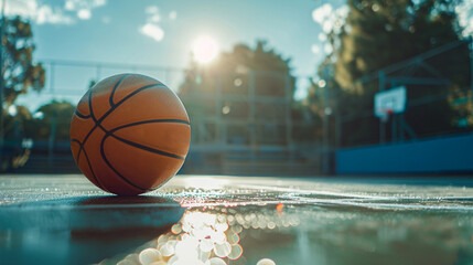 High resolution image of a basketball on a stadium court emphasizing the realistic feel and atmosphere of the game