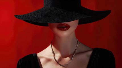 Enigmatic Woman in Black Hat with Red Background