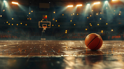 Naklejka premium High resolution image of a basketball on a stadium court emphasizing the realistic feel and atmosphere of the game