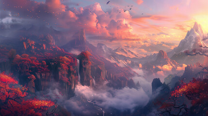 Fantasy Landscape with Mountain and Sky. 3D Rendering
