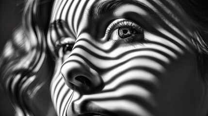 Monochrome portrait of a young woman with light patterns on face