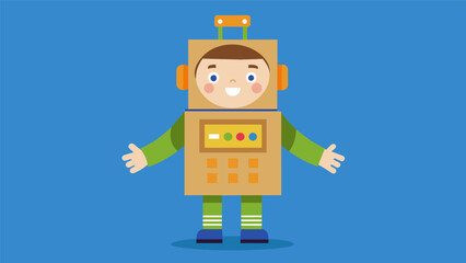 Obraz premium A child dressed as a robot complete with working buttons and levers made from cardboard and string showing off their homemade creation in the