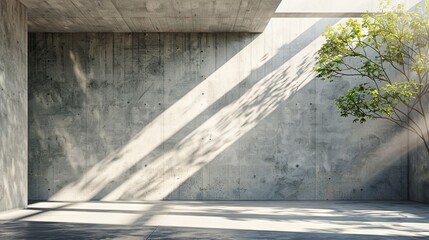 Empty concrete room with sunlight and green tree casting shadows