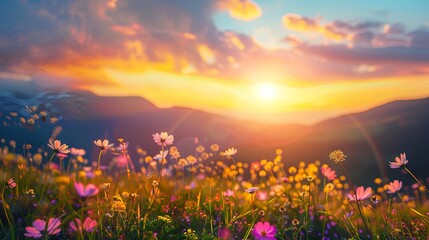 Obraz na płótnie Canvas Tranquil sunset over vibrant wildflower meadow