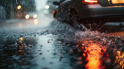 Rainy city street with car lights reflecting on wet asphalt