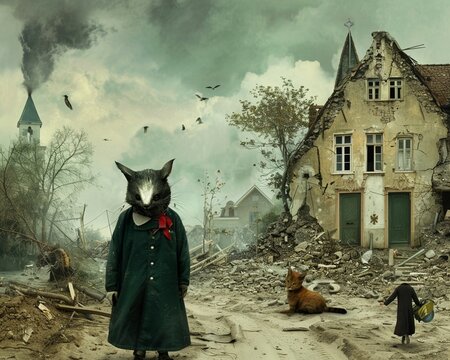A post-apocalyptic scene with a cat-headed boy, a fox, and a girl in a red cloak