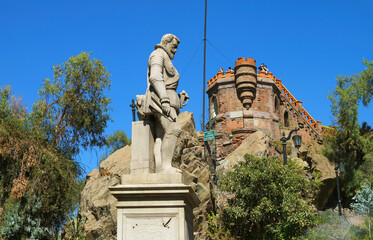 Monument of Pedro de Valdivia, a Spanish Conquistador with the Castle Hidalgo on the Hilltop of...