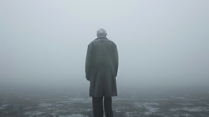 Elderly man standing alone in dense fog