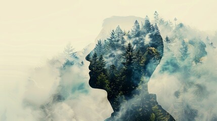 Contemplative silhouette in forest mist double exposure - obrazy, fototapety, plakaty