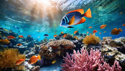 Exploring the colorful and vibrant underwater paradise filled with diverse marine life. Exotic coral reefs. And tropical fish. All illuminated by the sunlight in the clear water of the ocean ecosystem