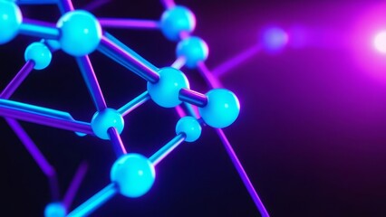 Macro of chain of light-blue molecules in neon light, on a dark background