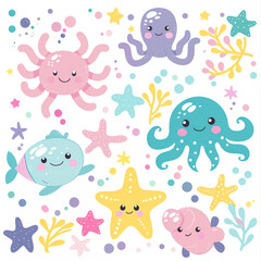 Cute cartoon clipart with sea life for kids. sea animals elements isolated on white background in flat style for stickers, cards, invites and posters. Collection of ocean creatures, pastel colors