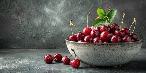 Fresh sweet cherries bowl with leaves in water drops on blue stone background, top view - obrazy, fototapety, plakaty