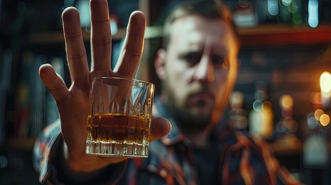 Thoughtful adult refusing a glass of whisky in dim bar