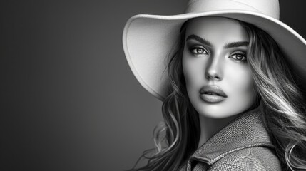 Elegant Monochrome Portrait of a Fashionable Woman in a Stylish Hat