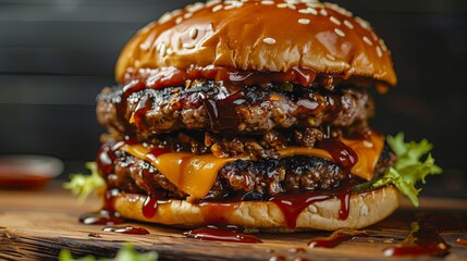 Juicy double cheeseburger with dripping sauce on wooden board - obrazy, fototapety, plakaty