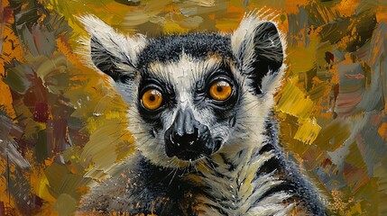 Obraz premium Captivating ring-tailed lemur portrait with striking orange eyes