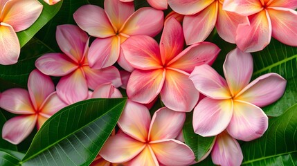 Vibrant plumeria flowers with lush green leaves
