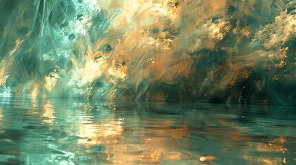A vintage oil painting style, abstract reflective image, reflecting on water in an underground cave. Background/ backdrop/ screensaver/ wallpaper
