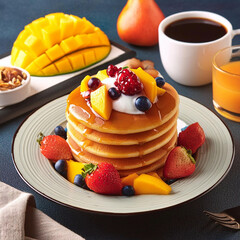 메이플 시럽 팬 케이크, 망고, 커피 브런치