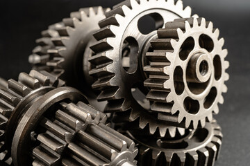 Gear and cogs wheels, clock mechanism, brass metal engine industrial.