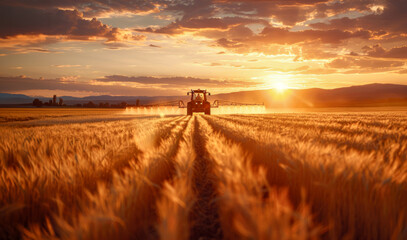 Fototapeta premium A tractor is spraying a field of wheat