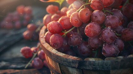 Fresh Dew-Kissed Red Grapes in Rustic Wooden Basket at Dawn - obrazy, fototapety, plakaty