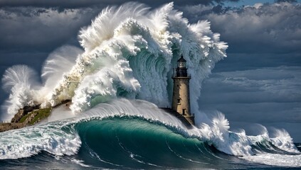 La colère de l'océan s'exprime avec éclat alors qu'une immense vague s'écrase sur le phare, projetant des éclaboussures d'écume dans un tableau saisissant de la nature brute et indomptable.