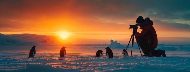 A banner illustration of a photographer taking pictures of Penguins in the snowy Antarctic at sunrise, snowy mountains, photography