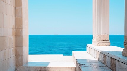 Close-Up of Aegean Greek Palace Platform Overlooking Bright Blue Sea Generative AI - obrazy, fototapety, plakaty