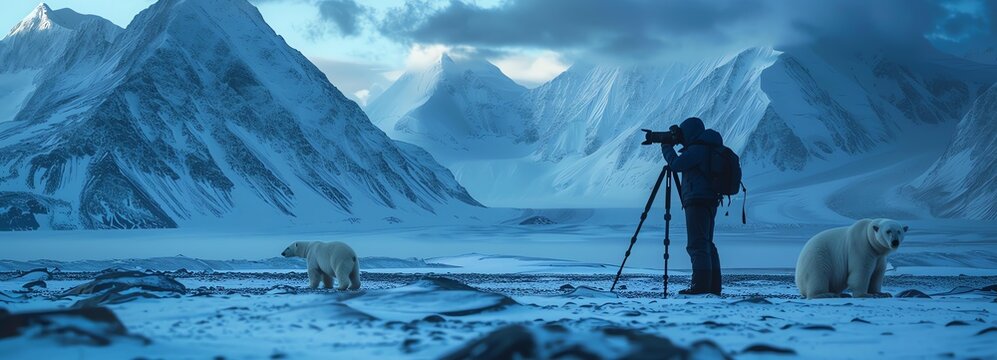 A banner illustration of a photographer taking pictures of polar bears in the snowy Antarctic , snowy mountains, photography