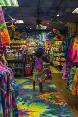 Vibrant Clothing Store Interior with Colorful Merchandise and Shopper
