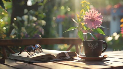 An illustration of a pair of sunglasses sitting on two books next to a cup of coffee on a summers day with a pretty pink flower