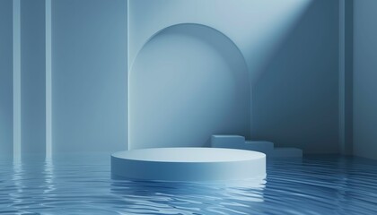 Fototapeta premium Empty display scene presentation for product placement A circular room with electric blue walls, a transparent podium in the center of liquid azure water