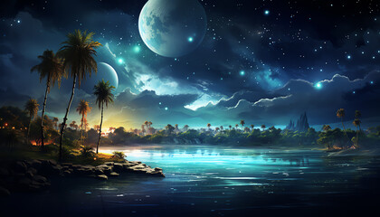 Night sky over a tropical lagoon, stars and planets clearly visible, perfect for setting the scene in a fantasy film or a mystical themed event - Powered by Adobe