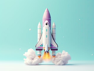 Detailed image of a sleek, white space rocket rendered in 3D, blasting off from a minimalist launchpad, surrounded by pastel violet and turquoise hues