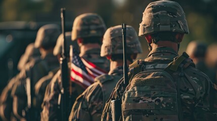 soldiers standing in formation with an American flag in the center.
