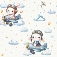 Watercolor white rabbits flying toy airplanes in the snowy sky seamless pattern.