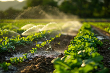 The irrigation system waters the soil with water to obtain a good harvest. A sprinkler for watering agricultural fields in close-up. - obrazy, fototapety, plakaty