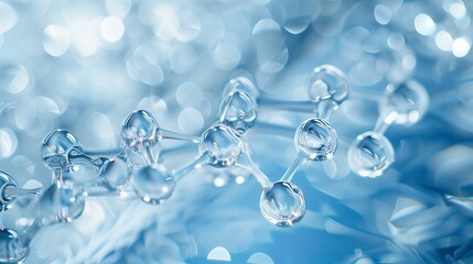 A macro photograph of a water molecule on an electric blue background, resembling a fashion accessory. The transparent fluid appears like liquid in a natural winter landscape