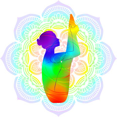 Colorful silhouette of woman practicing Urdhva Mukha Paschimottanasana pose. Boat with Thighs to Chest pose.  Isolated vector illustration