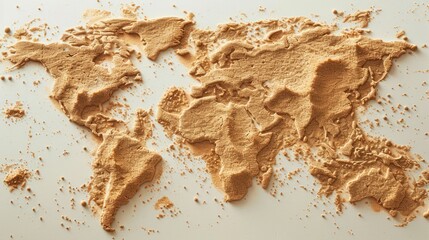 Top view of a splash of sand forming the shape of a world map, set against a white table background