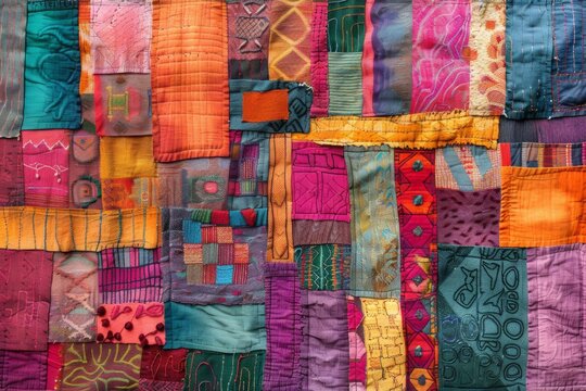 A vibrant patchwork quilt featuring a variety of colors and patterns