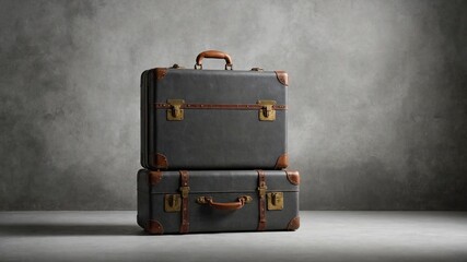 Two vintage suitcases stacked on top of one another against gray concrete wall. Suitcases dark gray color with brown leather trim, brass hardware. Top suitcase slightly smaller than bottom suitcase. - obrazy, fototapety, plakaty