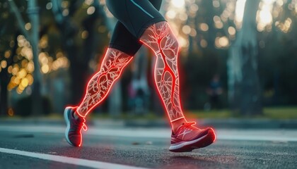 An action shot of someone jogging with a ghosted image of clean arteries, promoting exercise - obrazy, fototapety, plakaty