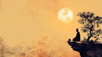 Serene Taoist Cliffside Meditation with Mystical Moonlit Landscape - obrazy, fototapety, plakaty