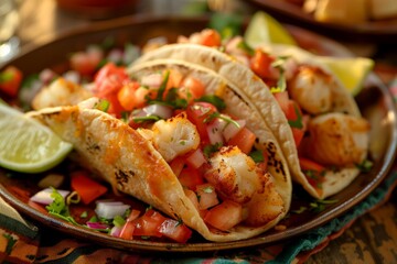 Lively of fish tacos, capturing colorful toppings and the joy of eating, Freshly cooked fish tacos adorned salsa on sunlit plate, captured in cozy setting, evoking sense of inviting homemade cuisine